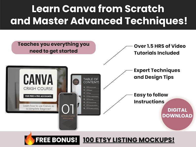 Op de afbeelding: Digitaal downloadproduct met een Canva crash course. De afbeelding toont een tablet, telefoon en een andere tablet met de tekst "CANVA CRASH COURSE" en "Learn Canva from Scratch and Master Advanced Techniques!". Inclusief video tutorials, designtips en eenvoudige instructies.