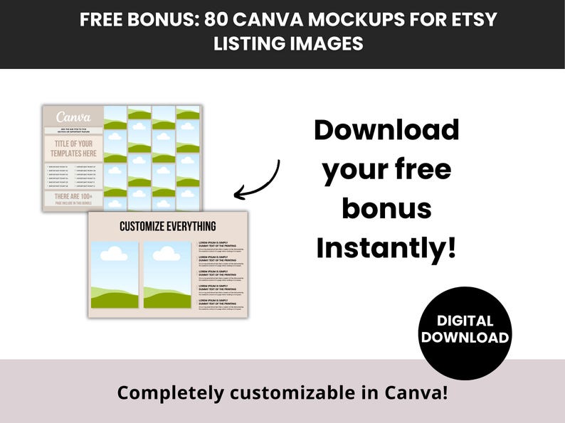Peut inclure: Bonus gratuit de 80 maquettes Canva pour les images de liste Etsy. Les maquettes sont personnalisables et pr&eacute;sentent une palette de couleurs verte et bleue. T&eacute;l&eacute;chargez votre bonus gratuit instantan&eacute;ment. T&eacute;l&eacute;chargement num&eacute;rique.