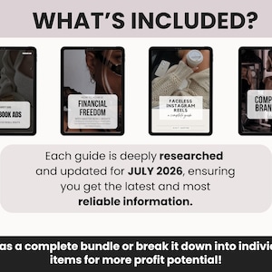May include: Four digital tablet screens displaying guides titled Facebook Ads, Financial Freedom, Faceless Instagram Reels, and The Complete Branding Planner. Text states each guide is researched and updated for July 2026 for reliable information.