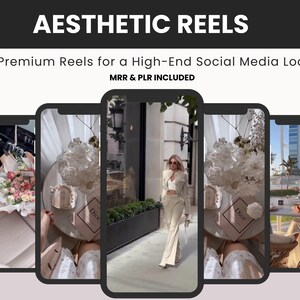 May include: A digital graphic featuring five smartphone frames displaying various lifestyle video clips. The text at the top reads AESTHETIC REELS, followed by Premium Reels for a High-End Social Media Look! and MRR & PLR INCLUDED. The background is white.