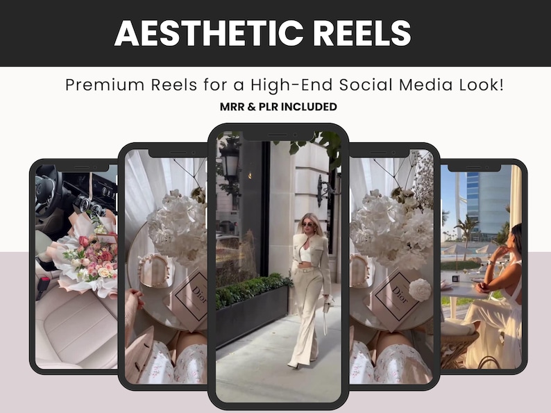 May include: A digital graphic featuring five smartphone frames displaying various lifestyle video clips. The text at the top reads AESTHETIC REELS, followed by Premium Reels for a High-End Social Media Look! and MRR & PLR INCLUDED. The background is white.