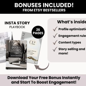 May include: An image promoting an "Insta Story Playbook" with the text "Bonuses Included! From Etsy Bestsellers." The image shows a book with the title "Insta Story Playbook" and a list of topics: profile optimization, engagement rules, content types, and story selling.