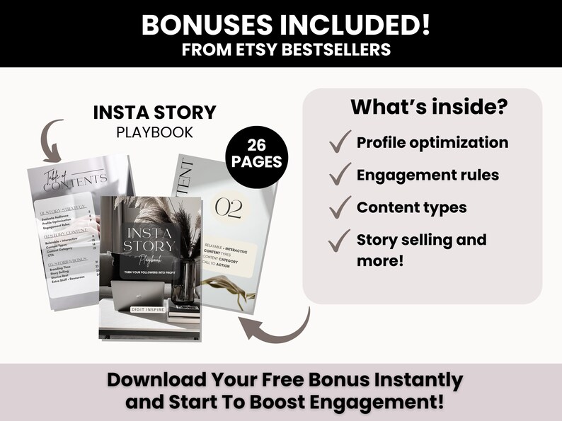 May include: An image promoting an "Insta Story Playbook" with the text "Bonuses Included! From Etsy Bestsellers." The image shows a book with the title "Insta Story Playbook" and a list of topics: profile optimization, engagement rules, content types, and story selling.
