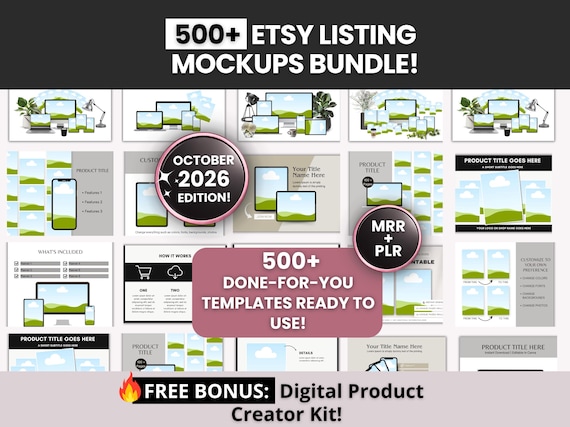 500+Etsy Listing Mockup Bundle with Master and Private Label Rights, Digital Product Mockups to rebrand&resell, DFY Etsy Canva Templates MRR