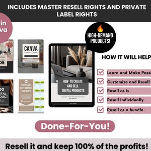 May include: A digital product bundle featuring multiple guide covers including Canva Crash Course, Find Your Niche, and 500 Digital Product Ideas. The graphic displays text such as Includes Master Resell Rights, High-Demand Products, and Done-For-You, with a checklist of benefits for reselling and customizing digital assets.