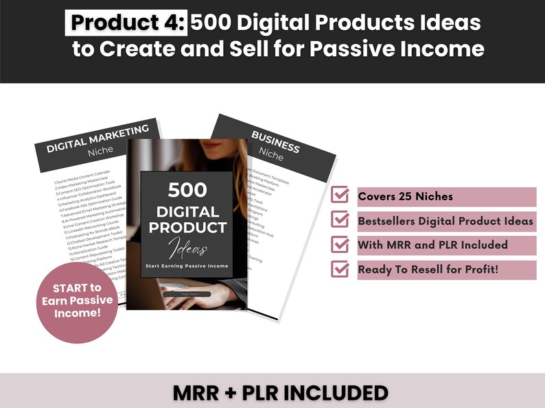 May include: A digital product guide titled 500 Digital Product Ideas to Create and Sell for Passive Income. The document includes lists for Digital Marketing and Business niches, with text boxes highlighting 25 niches, MRR and PLR inclusion.