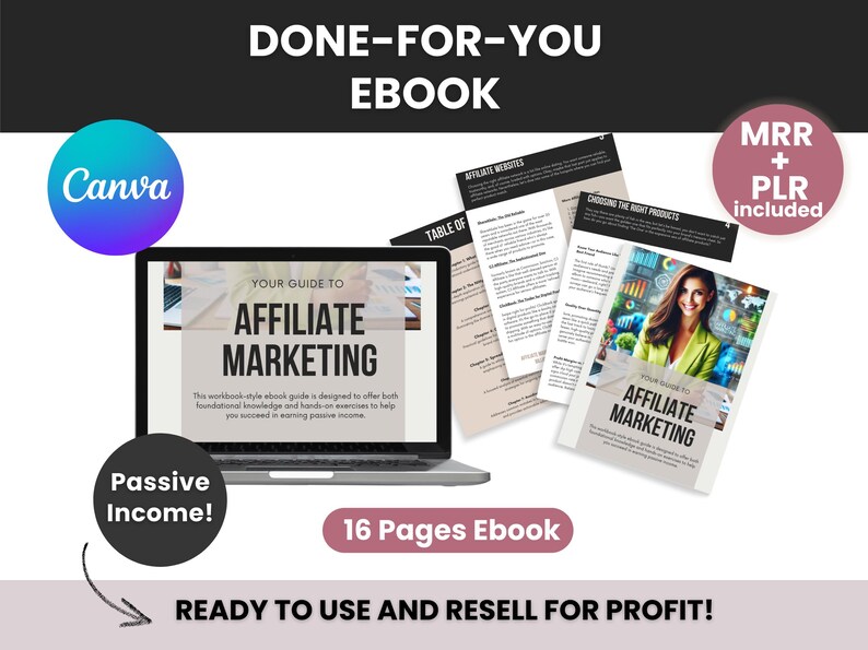 May include: A pink and white ebook cover with the title "Your Guide to Affiliate Marketing". The cover features a laptop with the ebook open on the screen. The ebook is 16 pages long and includes a table of contents, affiliate websites, and choosing the right products. The cover also includes the text "DONE-FOR-YOU EBOOK", "Passive Income!" and "MRR + PLR included".