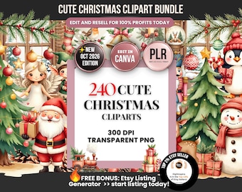 240 Cute Christmas Clipart Bundle with PLR Resell Rights PNG, DFY Christmas Clipart plr, Editable Watercolour Xmas Clipart Set