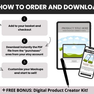 Puede incluir: Un gr&aacute;fico instructivo titulado HOW TO ORDER AND DOWNLOAD con tres pasos numerados. Incluye una tableta y un tel&eacute;fono inteligente que muestran maquetas de productos digitales, un l&aacute;piz &oacute;ptico negro y el texto + FREE BONUS: Digital Product Creator Kit!