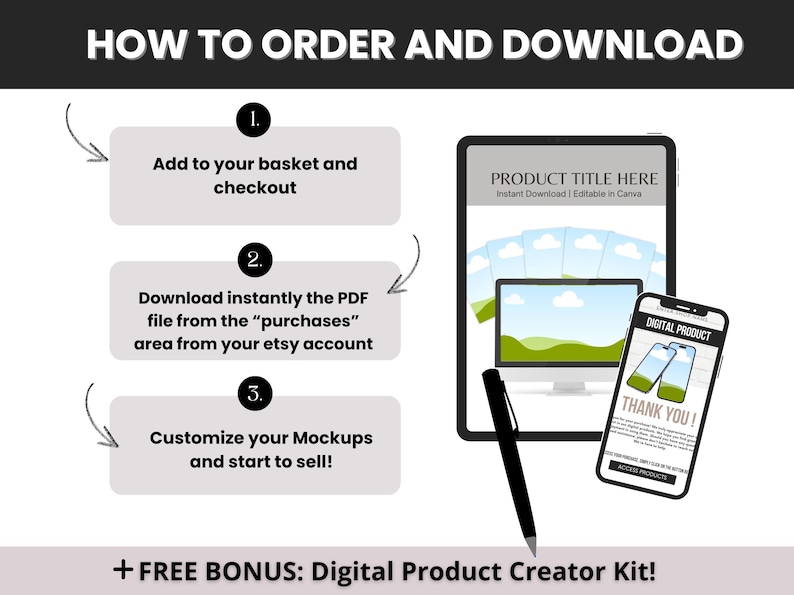 Puede incluir: Un gr&aacute;fico instructivo titulado HOW TO ORDER AND DOWNLOAD con tres pasos numerados. Incluye una tableta y un tel&eacute;fono inteligente que muestran maquetas de productos digitales, un l&aacute;piz &oacute;ptico negro y el texto + FREE BONUS: Digital Product Creator Kit!