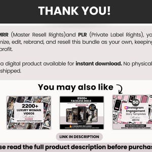 May include: A digital product image with the text "THANK YOU!" at the top. The image highlights the benefits of MRR and PLR, including customization and rebranding. It also features related digital product bundles, such as luxury woman videos and Instagram story templates.