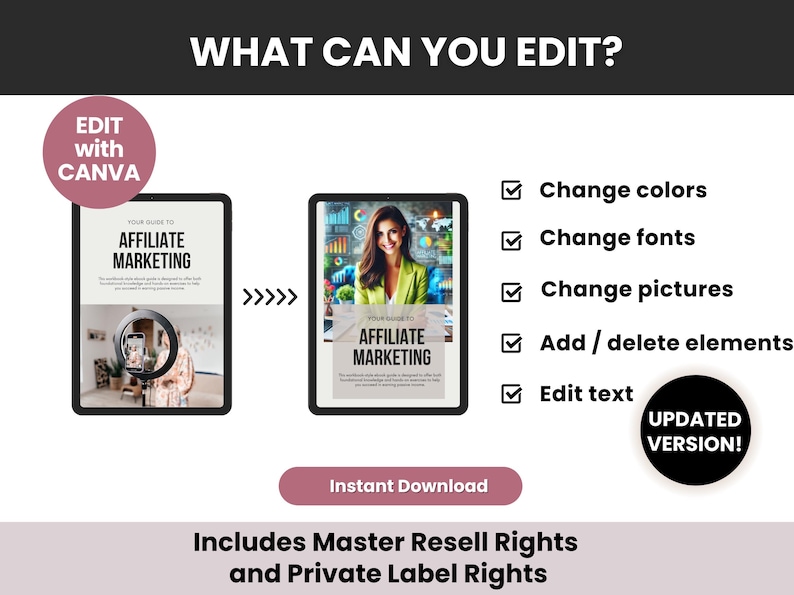 May include: A digital product mockup showing a guide to affiliate marketing. The guide is shown in two different versions, one with a woman in the background and one with a more minimalist design. The text "What can you edit?" is displayed above the mockups. A list of editable features is shown to the right of the mockups, including changing colors, fonts, pictures, adding or deleting elements, and editing text. The text "Includes Master Resell Rights and Private Label Rights" is displayed below the mockups.