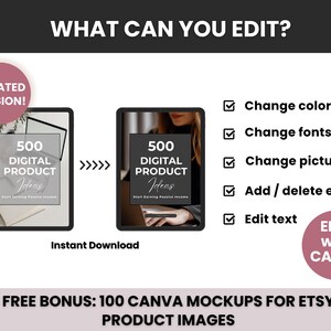 May include: A digital product ideas guide with a woman working on a laptop. The guide is titled "500 Digital Product Ideas" and includes the text "Start Earning Passive Income". The image also includes a checklist of editable features, including changing colors, fonts, pictures, adding or deleting elements, and editing text. The text "EDIT with CANVA" is also included in the image.