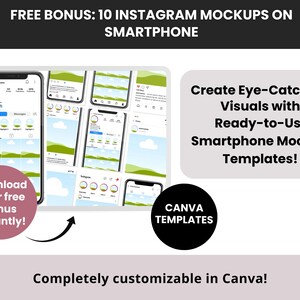 K&ouml;nnte beinhalten: Eine Collage aus 10 anpassbaren Instagram-Mockup-Vorlagen f&uuml;r Smartphones. Die Vorlagen zeigen verschiedene Hintergr&uuml;nde, darunter Wolken, Gras und einen blauen Himmel. Der Text "FREE BONUS: 10 INSTAGRAM MOCKUPS ON SMARTPHONE" befindet sich oben im Bild. Der Text "CANVA TEMPLATES" befindet sich in einem schwarzen Kreis unten rechts im Bild. Der Text "Completely customizable in Canva!" befindet sich unten im Bild.