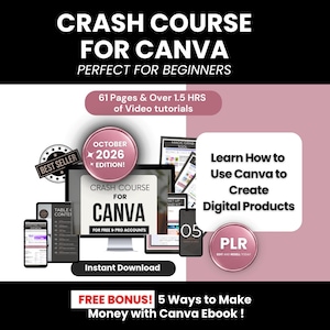 May include: A digital product bundle titled Crash Course for Canva featuring 61 pages and over 1.5 hours of video tutorials. The graphic includes text stating October 2026 Edition, Best Seller, PLR, and Free Bonus 5 Ways to Make Money with Canva Ebook.