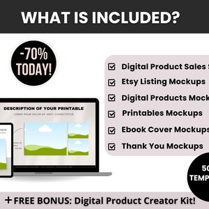 Puede incluir: Un kit de plantillas de productos digitales con un port&aacute;til y una tableta que muestran dise&ntilde;os imprimibles. El texto incluye WHAT IS INCLUDED, -70% TODAY, 500+ TEMPLATES y una lista de maquetas para escenas de venta y listados.