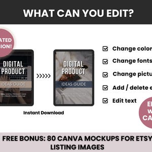 Peut inclure: Un guide d'id&eacute;es de produits num&eacute;riques avec un ordinateur portable et le texte "Digital Product Ideas Guide 100+ Digital Product Ideas to Create Passive Income". Le guide est modifiable avec Canva et comprend 80 maquettes Canva gratuites pour les images de liste Etsy.