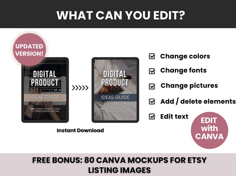 Peut inclure: Un guide d'id&eacute;es de produits num&eacute;riques avec un ordinateur portable et le texte "Digital Product Ideas Guide 100+ Digital Product Ideas to Create Passive Income". Le guide est modifiable avec Canva et comprend 80 maquettes Canva gratuites pour les images de liste Etsy.