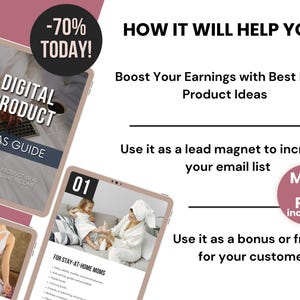 Peut inclure: Un guide d'id&eacute;es de produits num&eacute;riques avec un sch&eacute;ma de couleurs rose et blanc. Le guide est affich&eacute; sur l'&eacute;cran d'une tablette et pr&eacute;sente le texte "Digital Product Ideas Guide" et "100+ Digital Product Ideas to Create Passive Income". L'image comprend &eacute;galement un texte superpos&eacute; qui dit "Comment cela vous aidera-t-il ?" et "Augmentez vos revenus avec les meilleures id&eacute;es de produits num&eacute;riques".