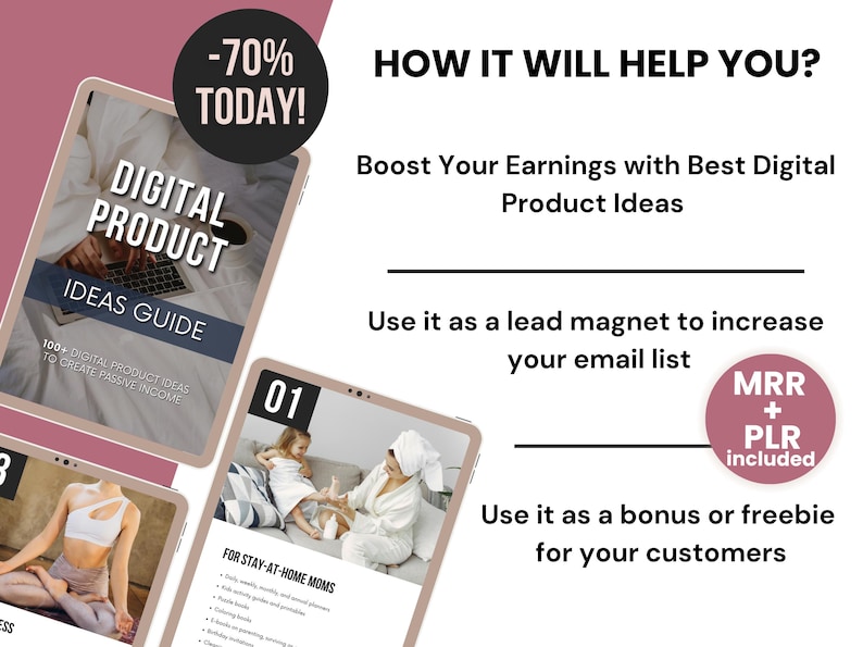 Peut inclure: Un guide d'id&eacute;es de produits num&eacute;riques avec un sch&eacute;ma de couleurs rose et blanc. Le guide est affich&eacute; sur l'&eacute;cran d'une tablette et pr&eacute;sente le texte "Digital Product Ideas Guide" et "100+ Digital Product Ideas to Create Passive Income". L'image comprend &eacute;galement un texte superpos&eacute; qui dit "Comment cela vous aidera-t-il ?" et "Augmentez vos revenus avec les meilleures id&eacute;es de produits num&eacute;riques".