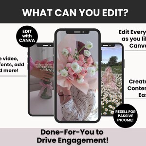 May include: Image showcasing three smartphones displaying edited content. Text includes "What Can You Edit?" and "Edit with Canva." The phones show floral arrangements and a field of flowers. Additional text: "Change video, pictures fonts, add text and more!" and "Resell for Passive Income!"