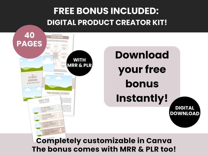 Puede incluir: Un kit de creaci&oacute;n de productos digitales con 40 p&aacute;ginas de plantillas de libros de trabajo personalizables. El conjunto incluye el texto FREE BONUS INCLUDED: DIGITAL PRODUCT CREATOR KIT, WITH MRR & PLR, Download your free bonus Instantly y DIGITAL DOWNLOAD.