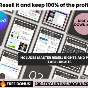 Op de afbeelding: Digitaal downloadproduct met Canva-tutorials, fotogrid-gidsen en merkkitinstructies. Inclusief master wederverkooprechten en private label-rechten. Bevat een gratis bonus van 100 Etsy-listing-mockups.