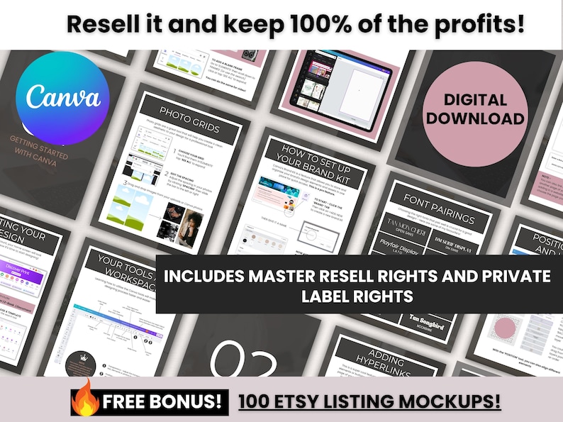 Op de afbeelding: Digitaal downloadproduct met Canva-tutorials, fotogrid-gidsen en merkkitinstructies. Inclusief master wederverkooprechten en private label-rechten. Bevat een gratis bonus van 100 Etsy-listing-mockups.