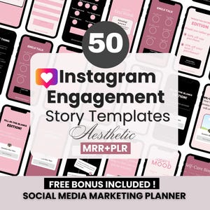 50 plantillas rosas para historias de Instagram para aumentar la interacción con contenido, con derechos de reventa y de reventa. Plantillas editables para historias de Instagram para pequeñas empresas. Historias de Instagram listas para usar.
