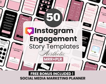 50 plantillas rosas para historias de Instagram para aumentar la interacción con contenido, con derechos de reventa y de reventa. Plantillas editables para historias de Instagram para pequeñas empresas. Historias de Instagram listas para usar.