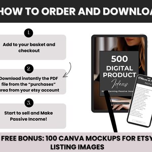 May include: A digital product ideas guide with a black and white cover featuring the text "500 Digital Product Ideas" and "Start Earning Passive Income". The guide is displayed on a tablet screen. A smartphone screen shows a list of ideas for the "Fitness & Health Niche". The image includes instructions on how to order and download the guide, as well as a free bonus of 100 Canva mockups for Etsy listing images.