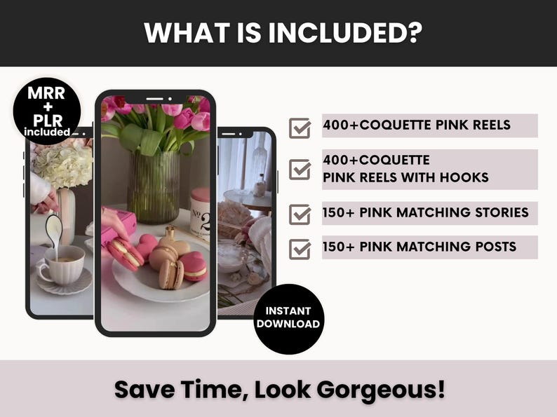 May include: Image showcasing a digital product with a pink aesthetic. The image includes three phone screens displaying content, including pink flowers, macarons, and a cup of coffee. Text highlights the included items: 400+ pink reels, stories, and posts. The product promises to save time.