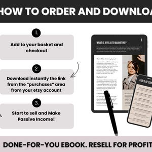 May include: A digital illustration showing how to order and download an ebook. The ebook is titled "What is Affiliate Marketing?" and has a table of contents. The illustration includes a tablet, a smartphone, and a pen.