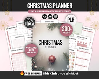 Christmas Planner Digital & Printable PLR Template, 200 Pages Editable Canva Christmas Planner Bundle, Holiday Planner PLR Kit