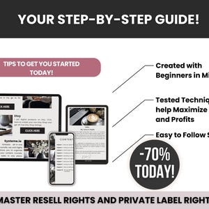 May include: An advertisement graphic with the text "YOUR STEP-BY-STEP GUIDE!" and "TIPS TO GET YOU STARTED TODAY!". The image includes a tablet, a phone, and a laptop displaying website content. A circular graphic states "-70% TODAY!"