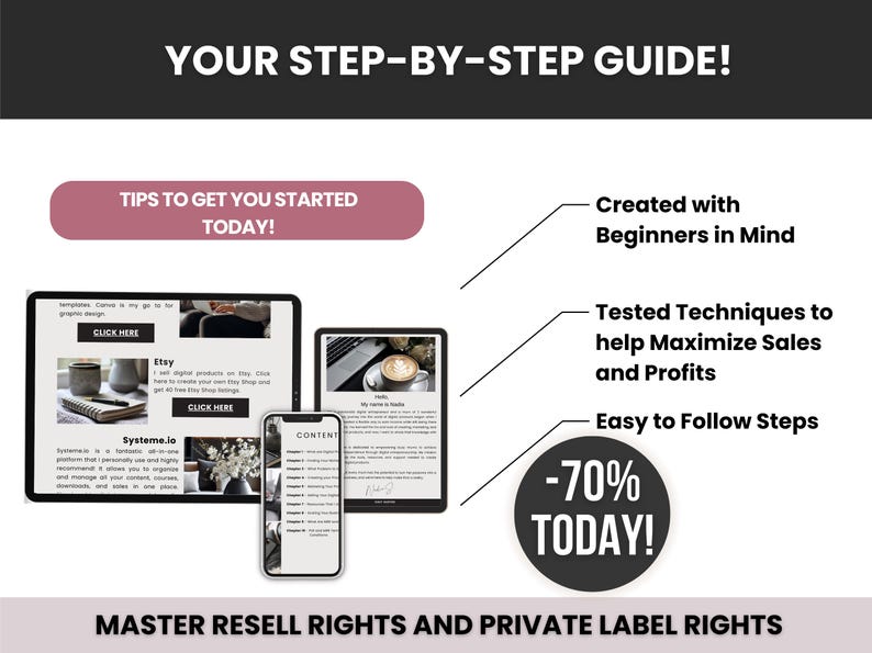 May include: An advertisement graphic with the text "YOUR STEP-BY-STEP GUIDE!" and "TIPS TO GET YOU STARTED TODAY!". The image includes a tablet, a phone, and a laptop displaying website content. A circular graphic states "-70% TODAY!"