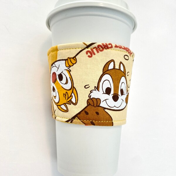 Ready to ship- Therm Fleece lined, Double sided, Coffee cozy, coffee sleeve with Disney, Chip and Dale, cotton Fabric