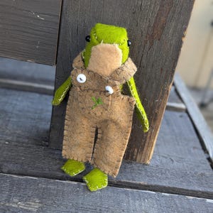 Tiny Hand-Stitched Wool frog in overalls