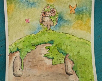 Castle in the sky robot Ghibli 6 X 6 original watercolor artwork