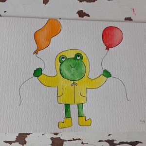 Frog with rain slicker and balloons birthday, greeting card