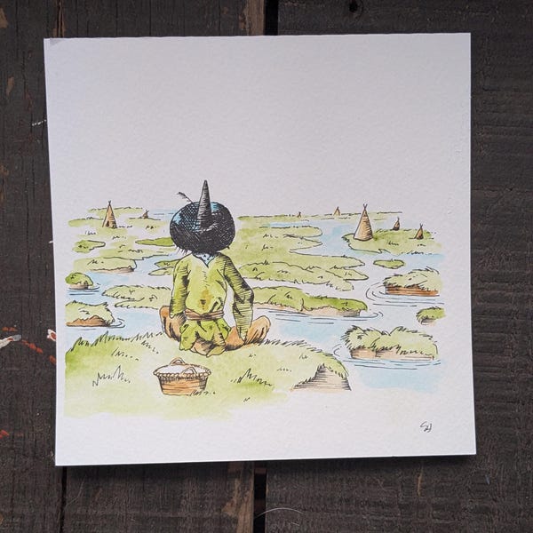 Narnia original watercolor painting with pen work. Puddlegum from The silver chair original Artwork (6X6)