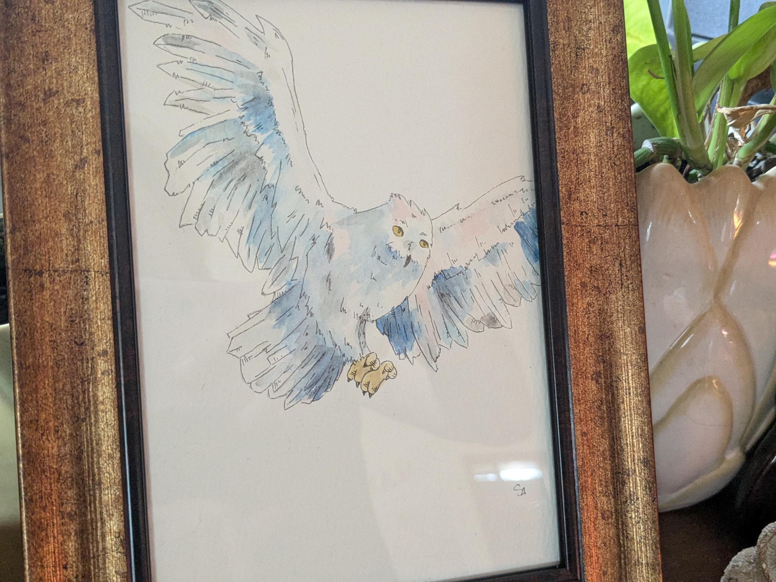 Original Snowy Owl Watercolor Art - 5x7 in