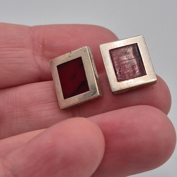 Sterling Silver Rectangle Stud Earrings Red Inlay - image 3