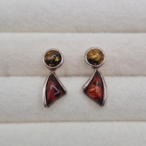Pendientes de plata de ley 925 y ámbar báltico, estilo modernista angular de los años 80.