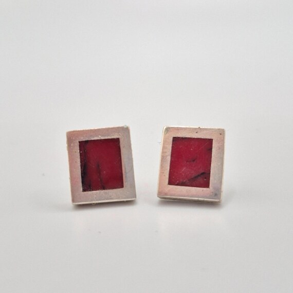 Sterling Silver Rectangle Stud Earrings Red Inlay - image 1