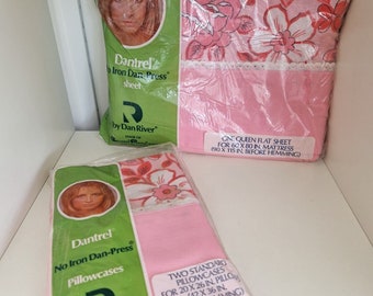 Vintage Deadstock Dantrel Pink Floral Queen Flat Sheet & 2 Pillowcases