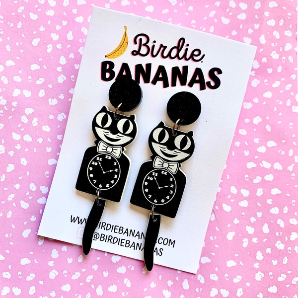 Kit Cat Clock Earrings, Big Acrylic Earrings, Rockabilly Pin Up Earrings, Unique Accessories, Quirky Statement Earrings, Quirky Gift for Her