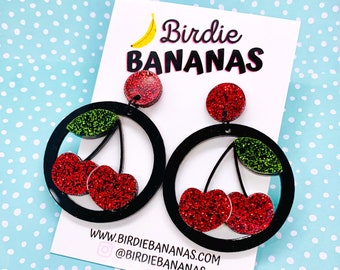 Acrylic Cherry Earrings, Fruit Earrings, Quirky Statement Earrings, Rockabilly Earrings, Fakelite Jewellery, Pin Up Accessories
