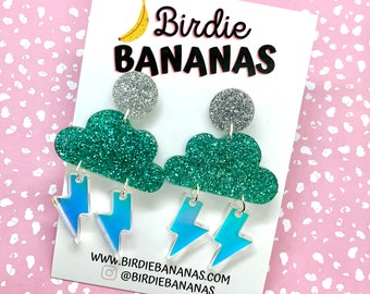 Acrylic Cloud Earrings, Quirky Earrings Dangle, Cloud and Lightning Earrings, Unique Jewellery, Iridescent Earrings