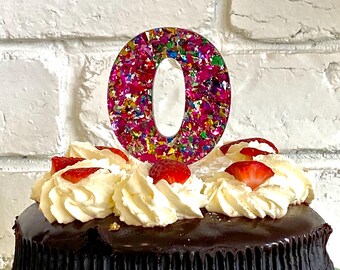 Adorno para tarta con número con purpurina de color magenta y arcoíris, número personalizado para tarta, número para tarta de cumpleaños, decoración para tarta, adorno brillante para tarta
